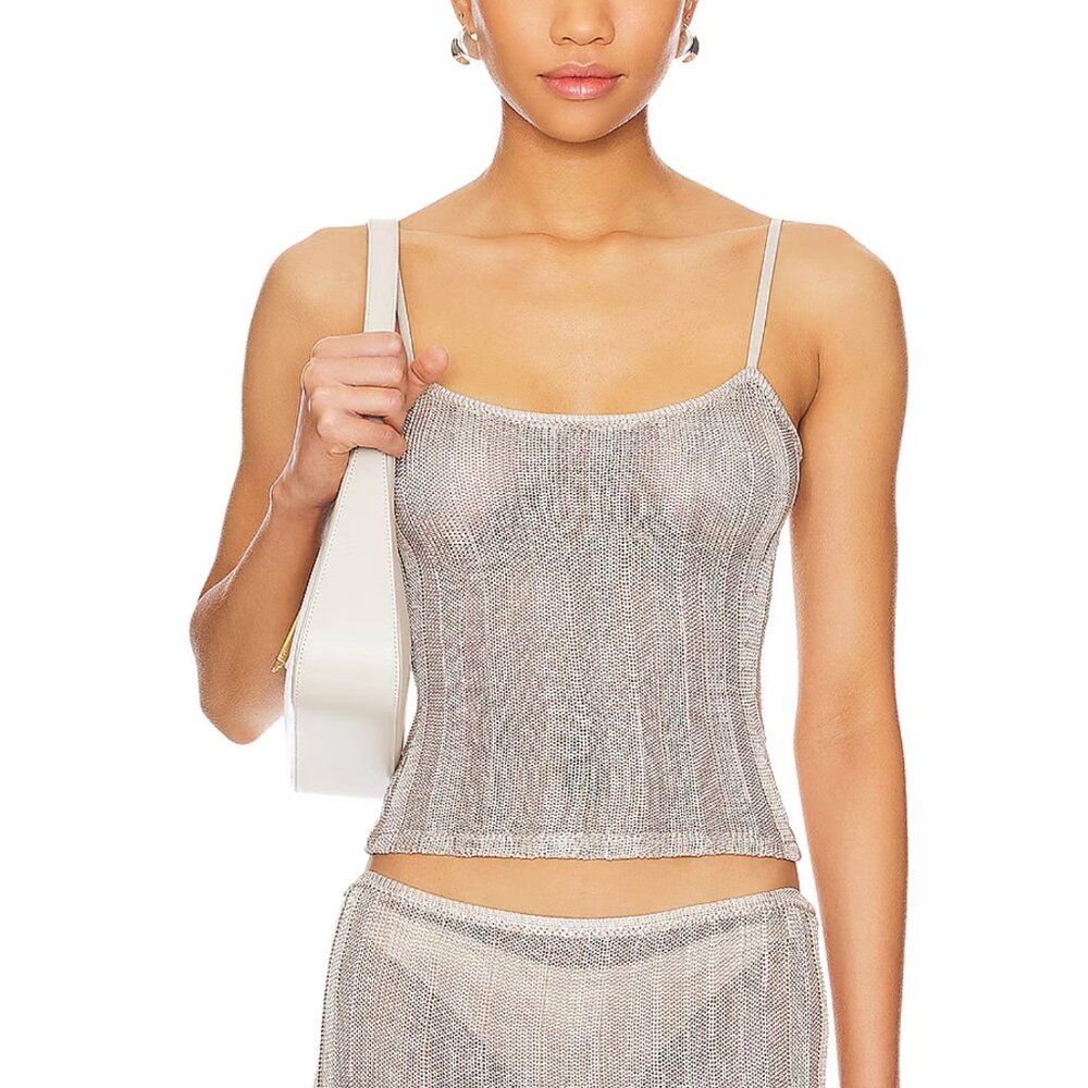 NEW GUIZIO Slinky Rib Knit Tank in SIlver Metallic Knit Cami Camisole Top XXS